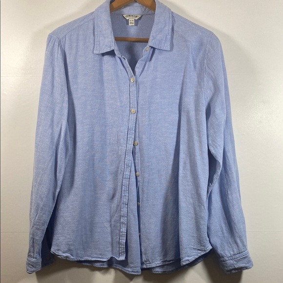 Orvis Linen Rayon Blend Light Blue Classic Button up Shirt - Picture 1 of 8